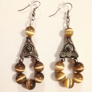 Brown Cateye Egyptian Teardrop Beaded Statement Dangle Drop Earrings